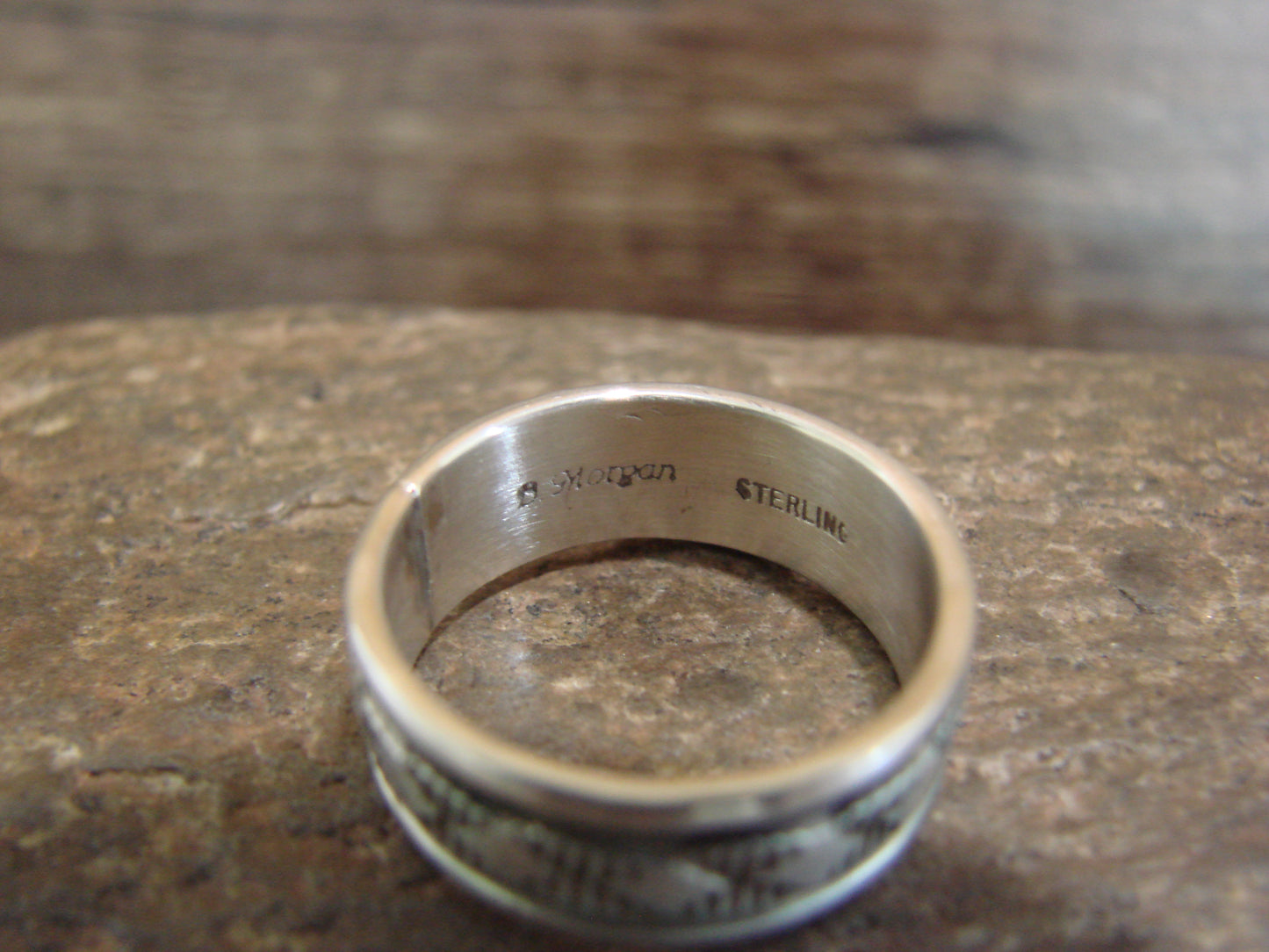 Navajo Hand Stamped Sterling Silver Ring Band - Bruce Morgan - Size 7.5