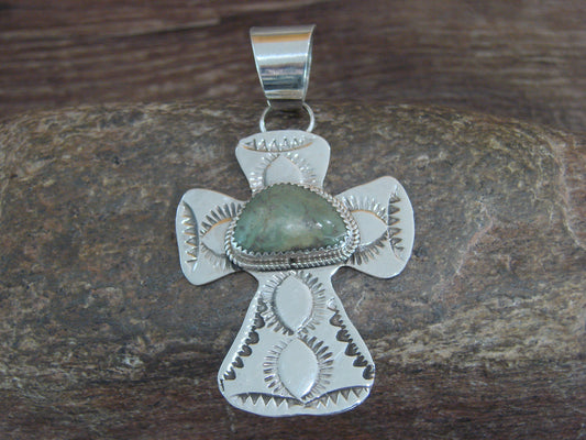 Navajo Indian Sterling Silver & Turquoise Cross Pendant Signed Cleveland