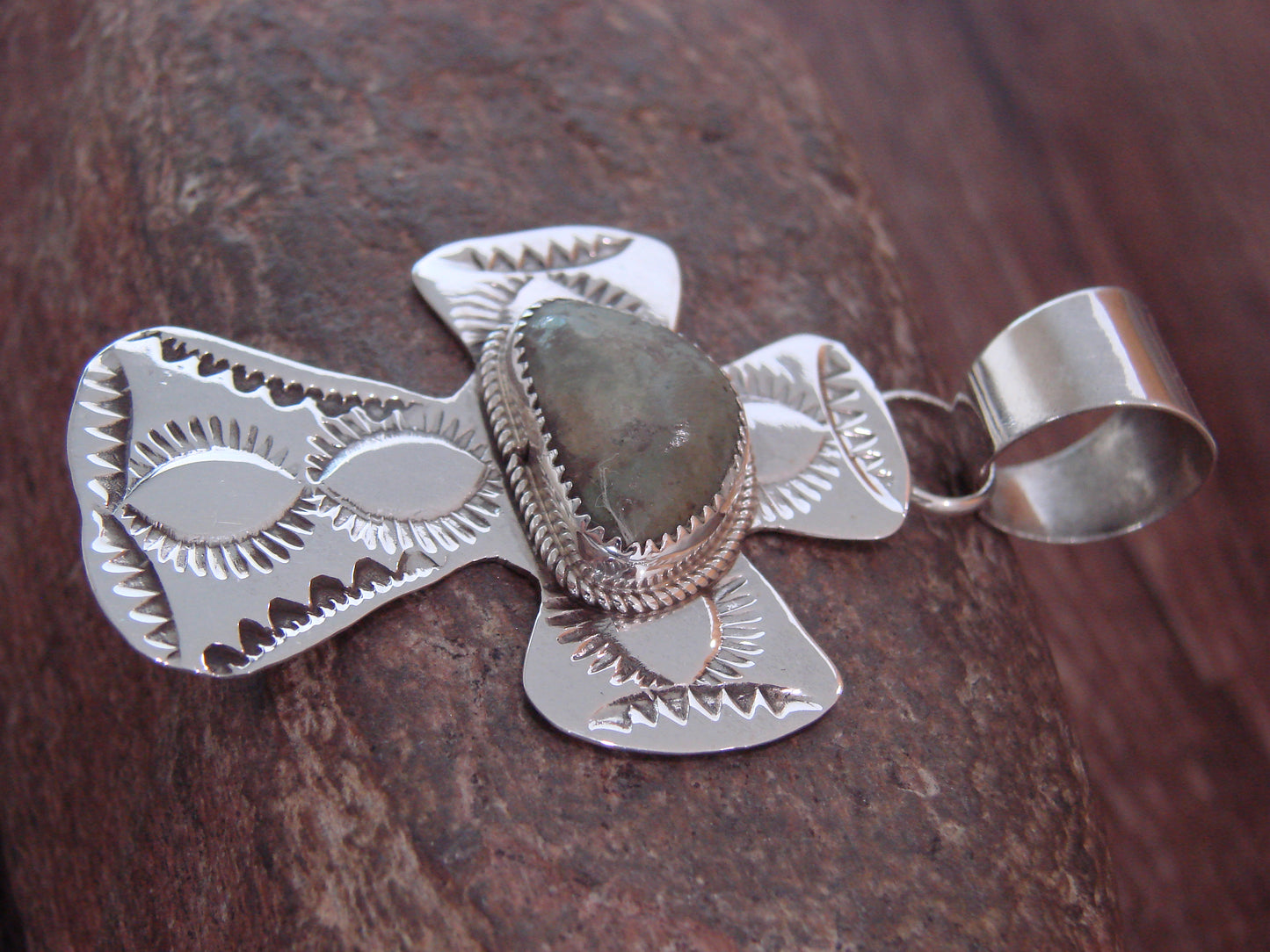 Navajo Indian Sterling Silver & Turquoise Cross Pendant Signed Cleveland
