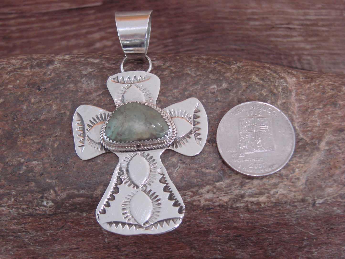 Navajo Indian Sterling Silver & Turquoise Cross Pendant Signed Cleveland