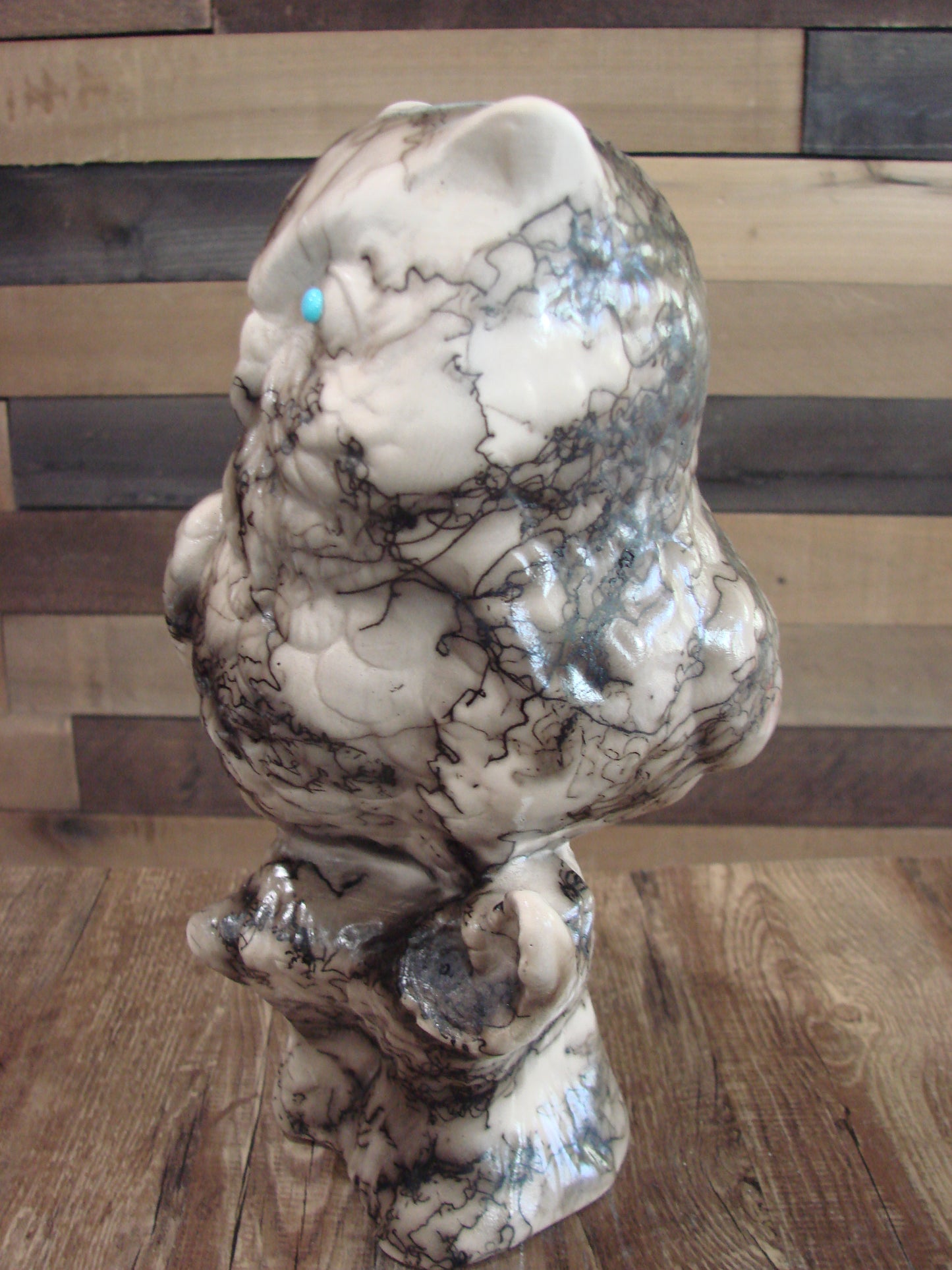 Native American Horse Hair Owl Pottery Sculpture by Vail