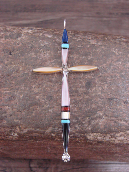 Native American Sterling Silver Multi Stone Inlay Cross Pendant by Noche