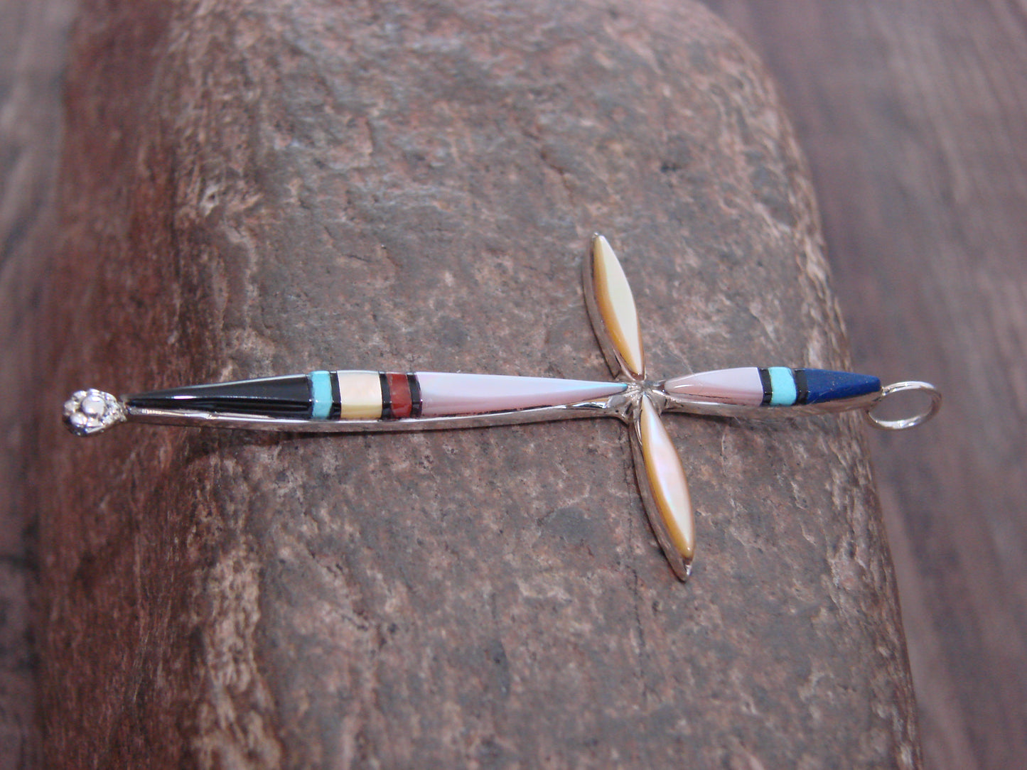 Native American Sterling Silver Multi Stone Inlay Cross Pendant by Noche