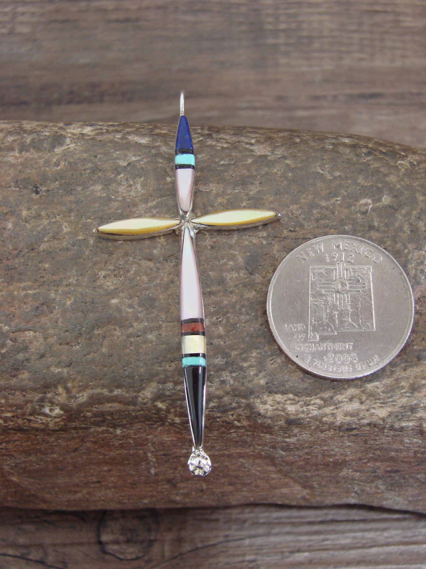 Native American Sterling Silver Multi Stone Inlay Cross Pendant by Noche