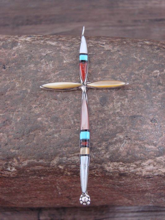 Native American Sterling Silver Multi Stone Inlay Cross Pendant by Noche