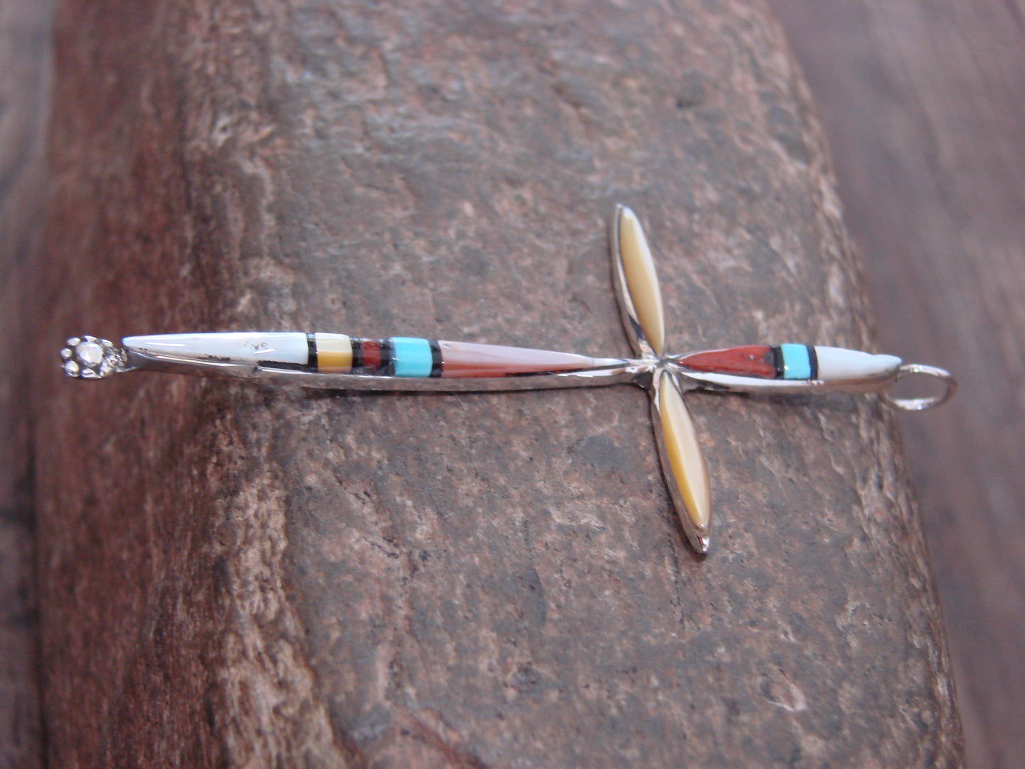 Native American Sterling Silver Multi Stone Inlay Cross Pendant by Noche