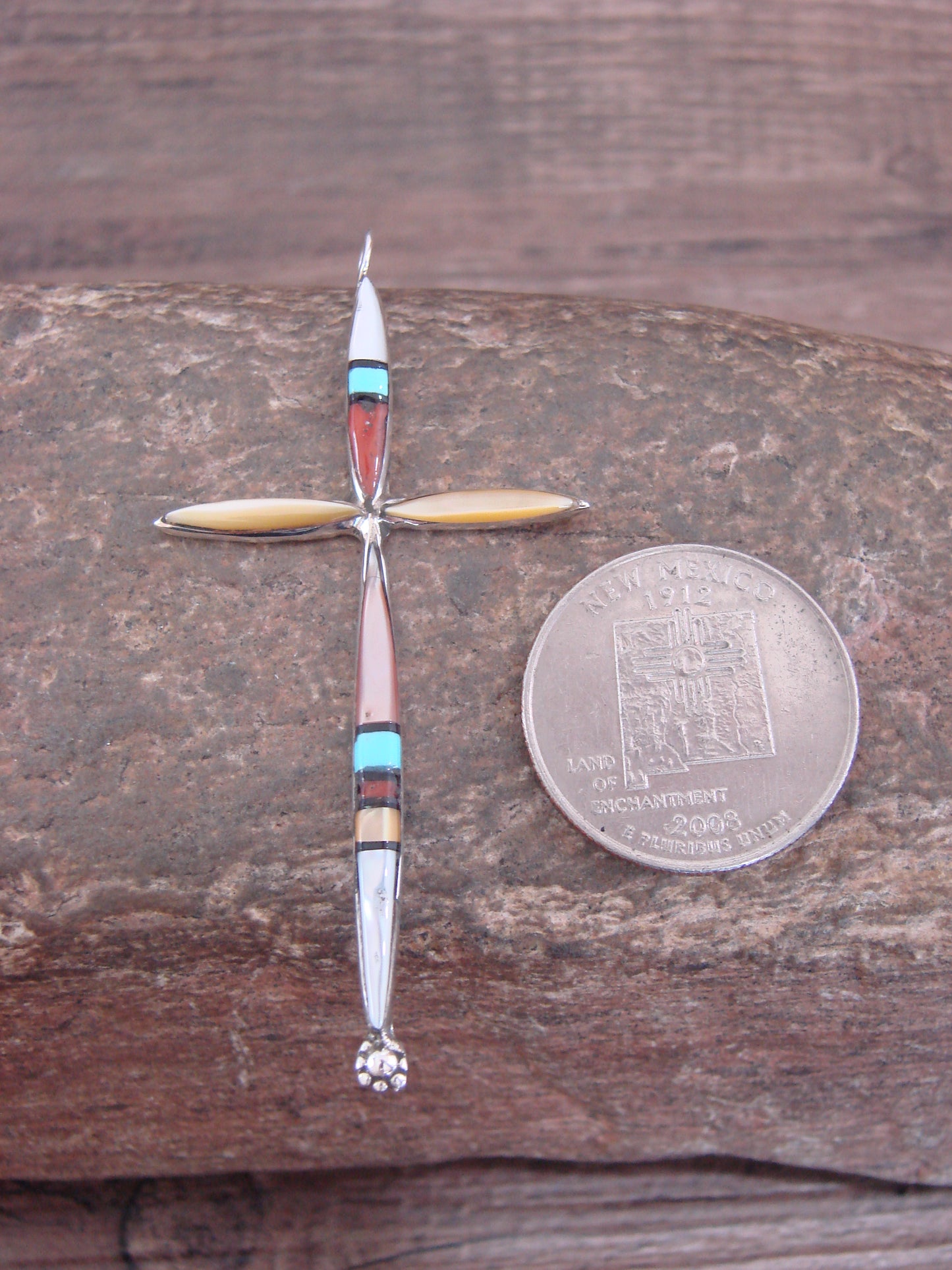Native American Sterling Silver Multi Stone Inlay Cross Pendant by Noche