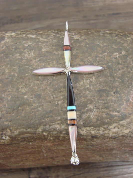Native American Sterling Silver Multi Stone Inlay Cross Pendant by Noche