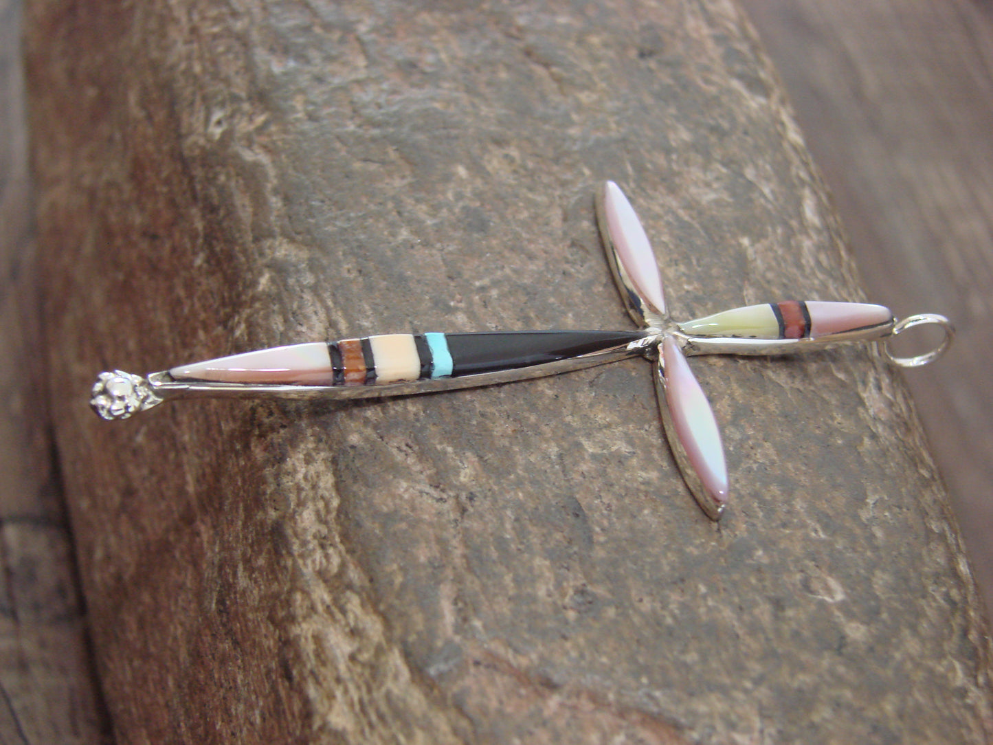 Native American Sterling Silver Multi Stone Inlay Cross Pendant by Noche