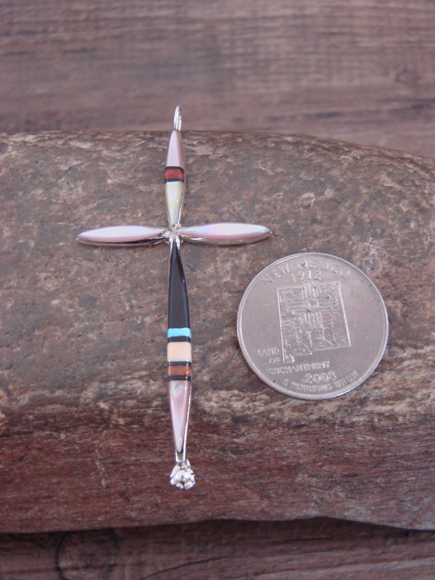 Native American Sterling Silver Multi Stone Inlay Cross Pendant by Noche