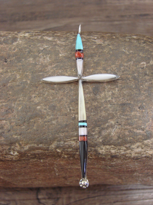 Native American Sterling Silver Multi Stone Inlay Cross Pendant by Noche