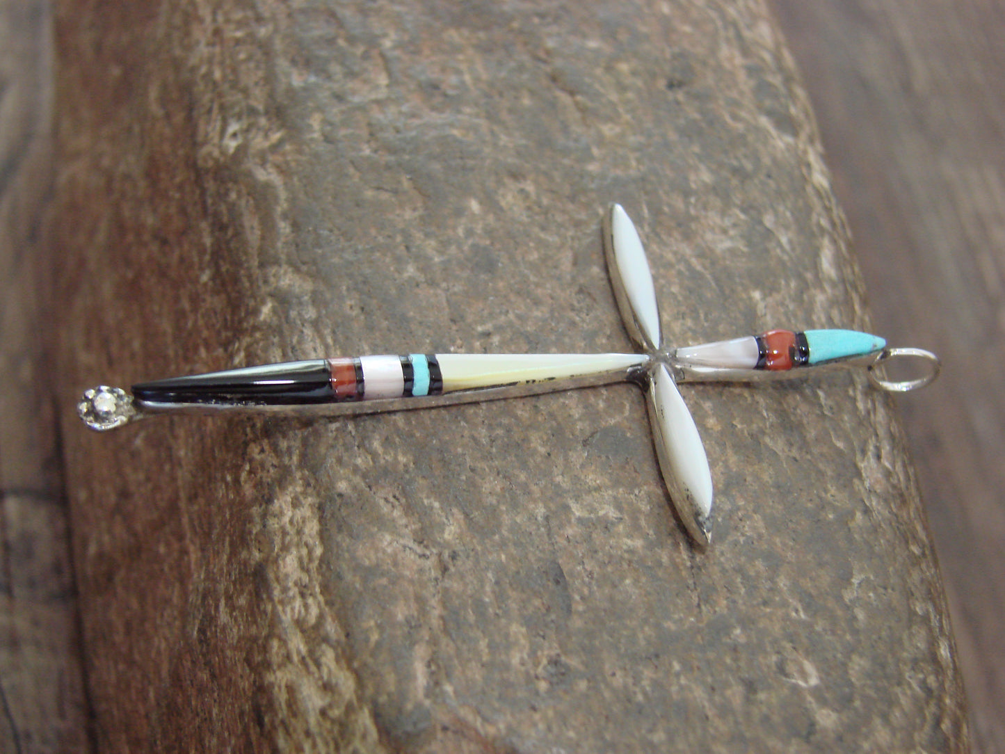 Native American Sterling Silver Multi Stone Inlay Cross Pendant by Noche