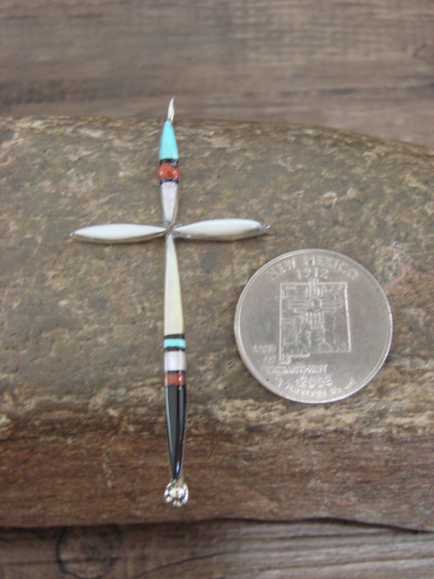 Native American Sterling Silver Multi Stone Inlay Cross Pendant by Noche