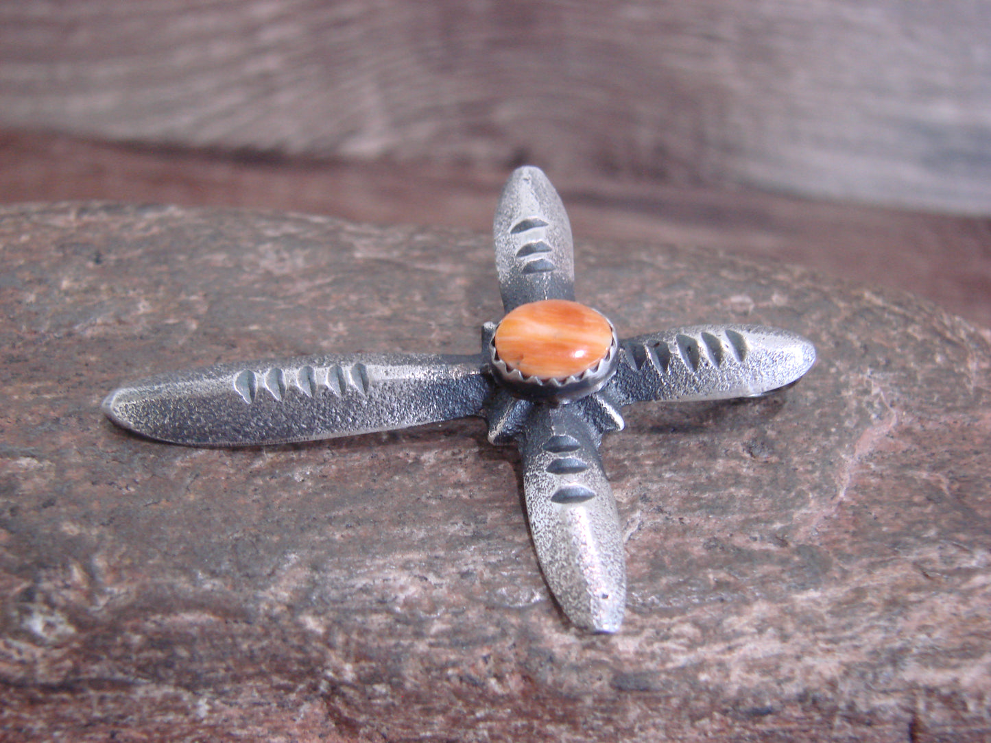 Native American Sterling Silver & Spiny Oyster Cross Pendant Signed Cayatineto