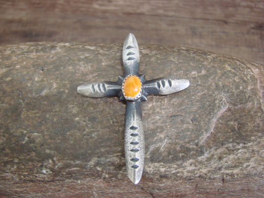 Native American Sterling Silver & Spiny Oyster Cross Pendant Signed Cayatineto