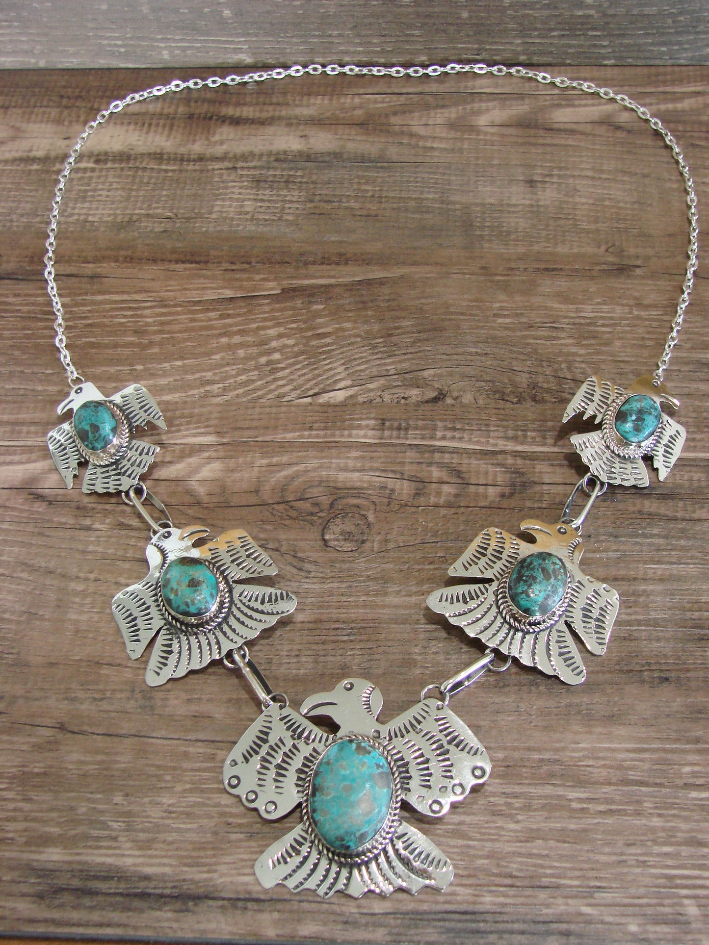 Navajo Indian Nickel Silver & Turquoise Thunderbird Link Necklace by Cleveland