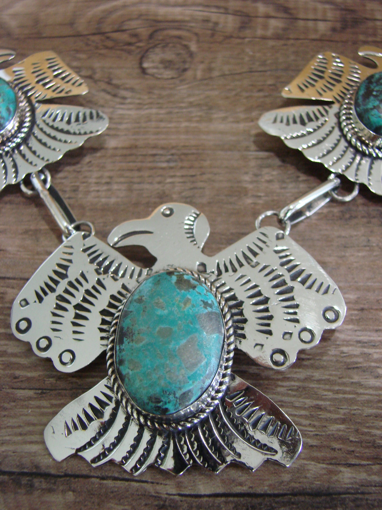 Navajo Indian Nickel Silver & Turquoise Thunderbird Link Necklace by Cleveland