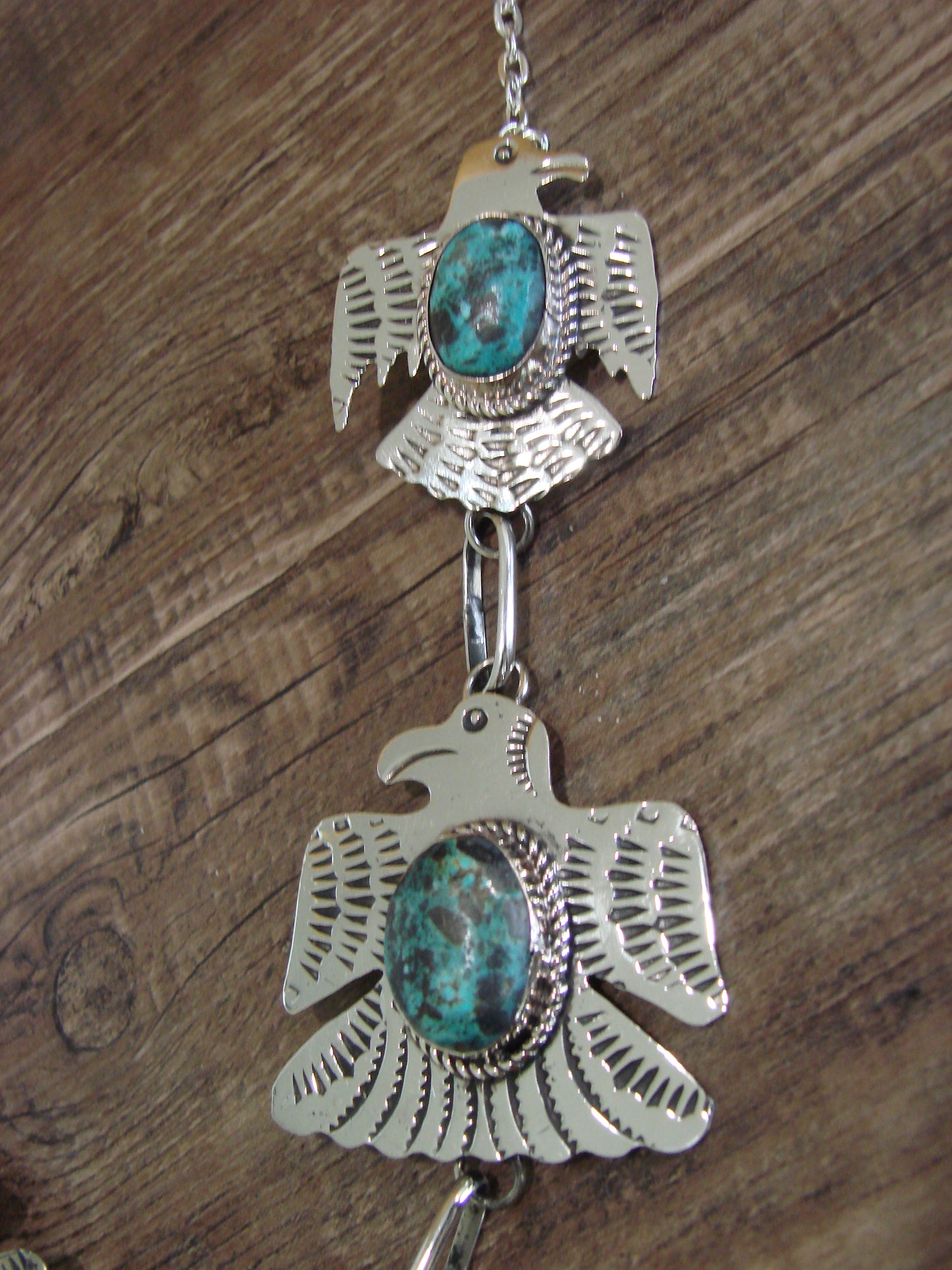 Navajo Indian Nickel Silver & Turquoise Thunderbird Link Necklace by Cleveland