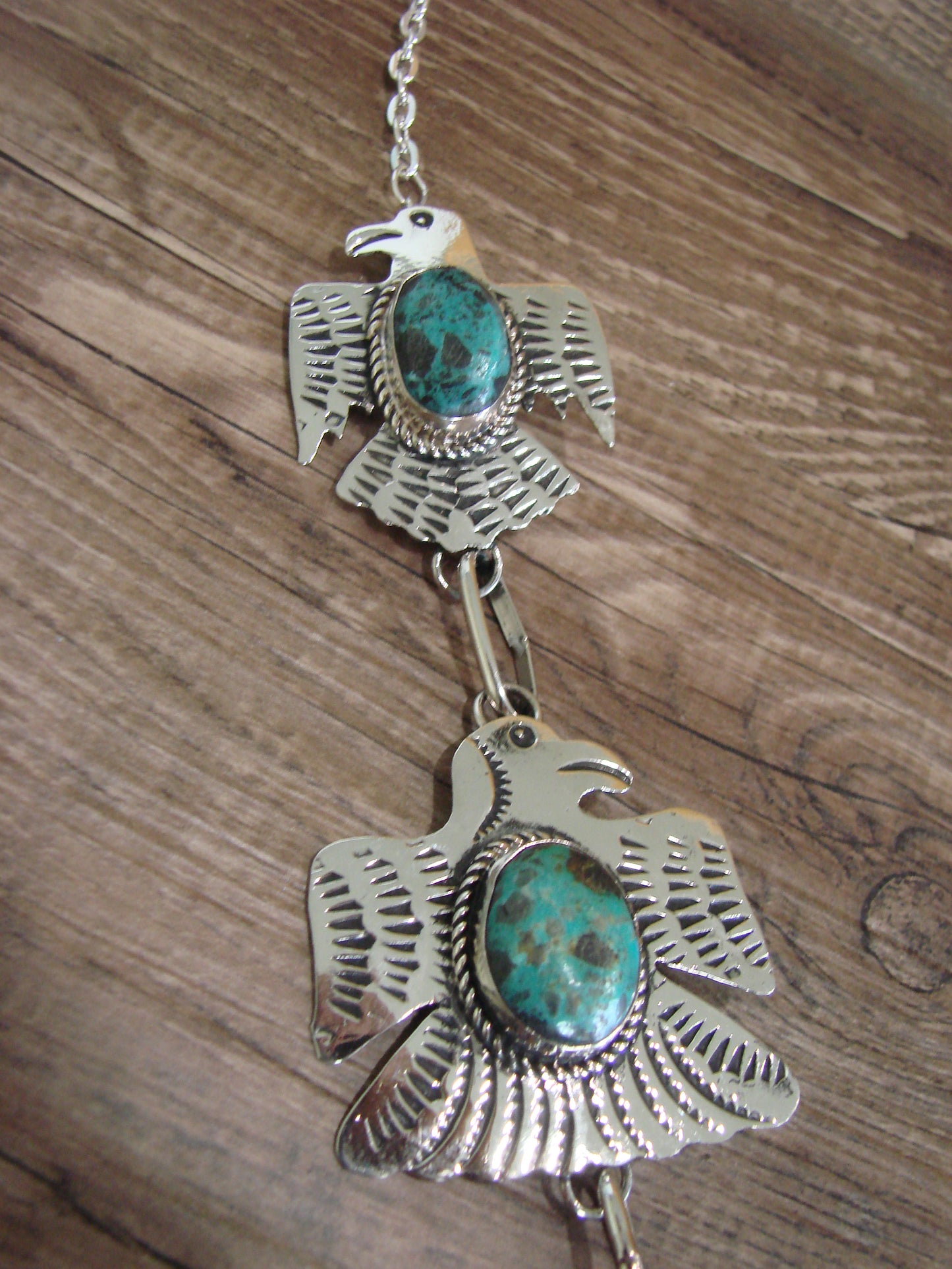 Navajo Indian Nickel Silver & Turquoise Thunderbird Link Necklace by Cleveland