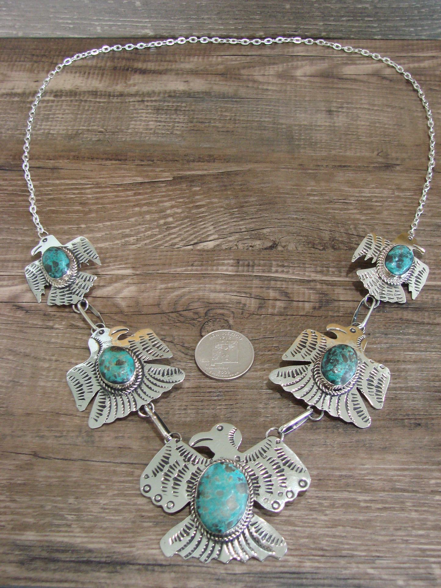 Navajo Indian Nickel Silver & Turquoise Thunderbird Link Necklace by Cleveland