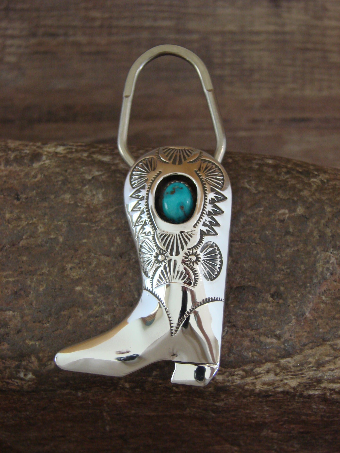 Native American Sterling Silver Turquoise Boot Key Ring by Skeets