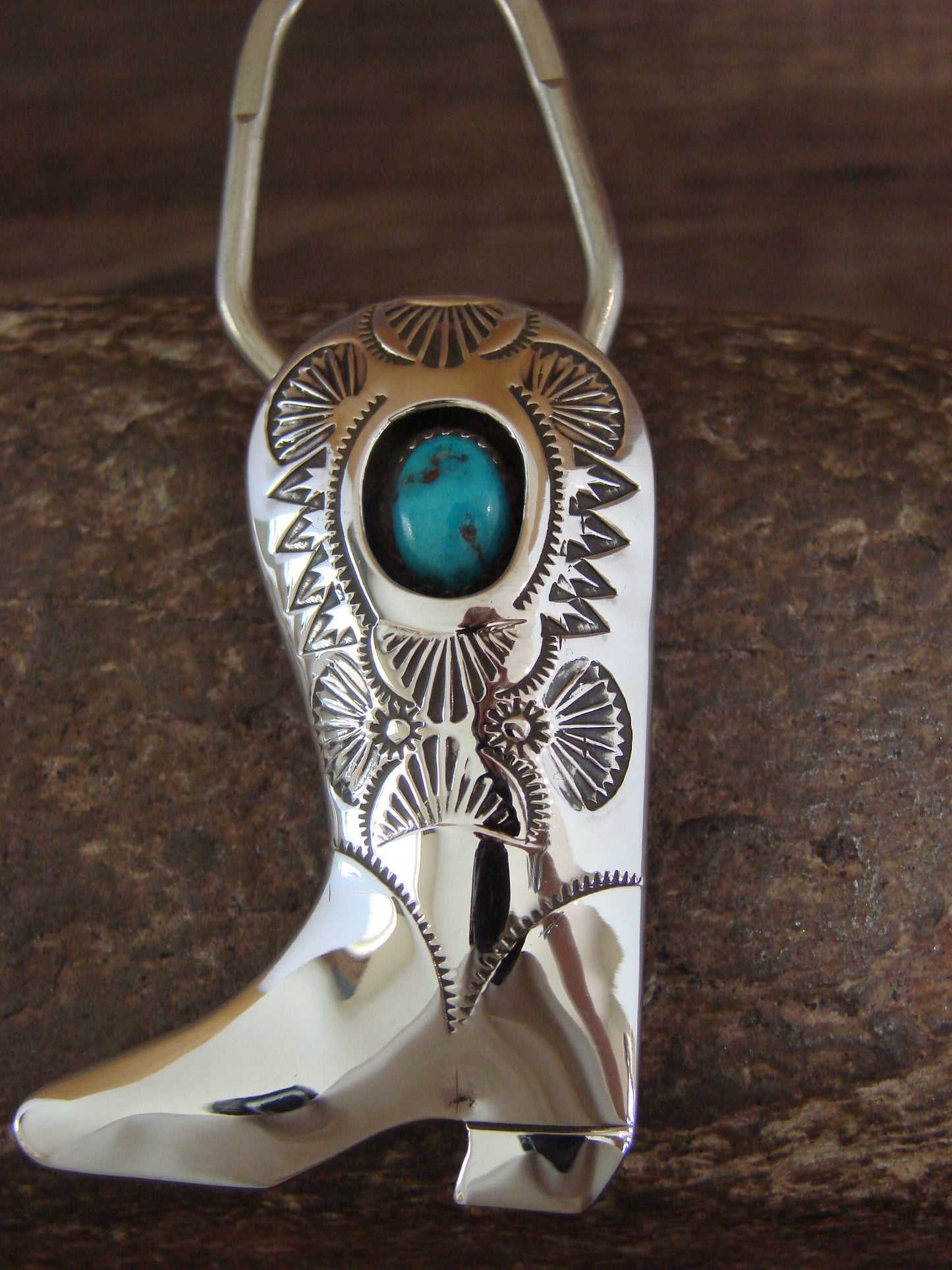 Native American Sterling Silver Turquoise Boot Key Ring by Skeets