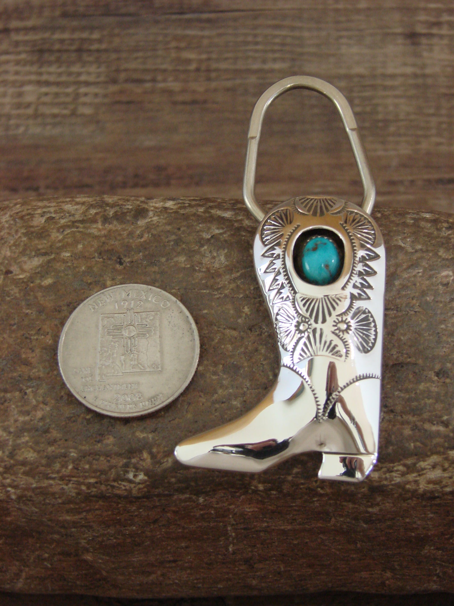 Native American Sterling Silver Turquoise Boot Key Ring by Skeets