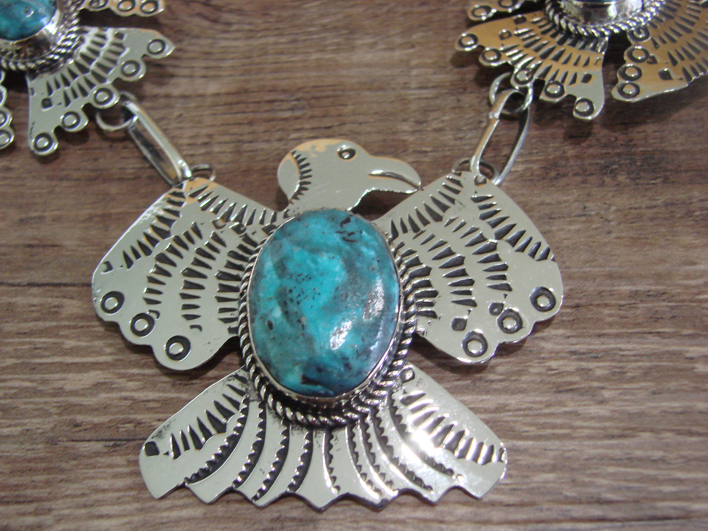 Navajo Indian Nickel Silver & Turquoise Thunderbird Link Necklace by Cleveland