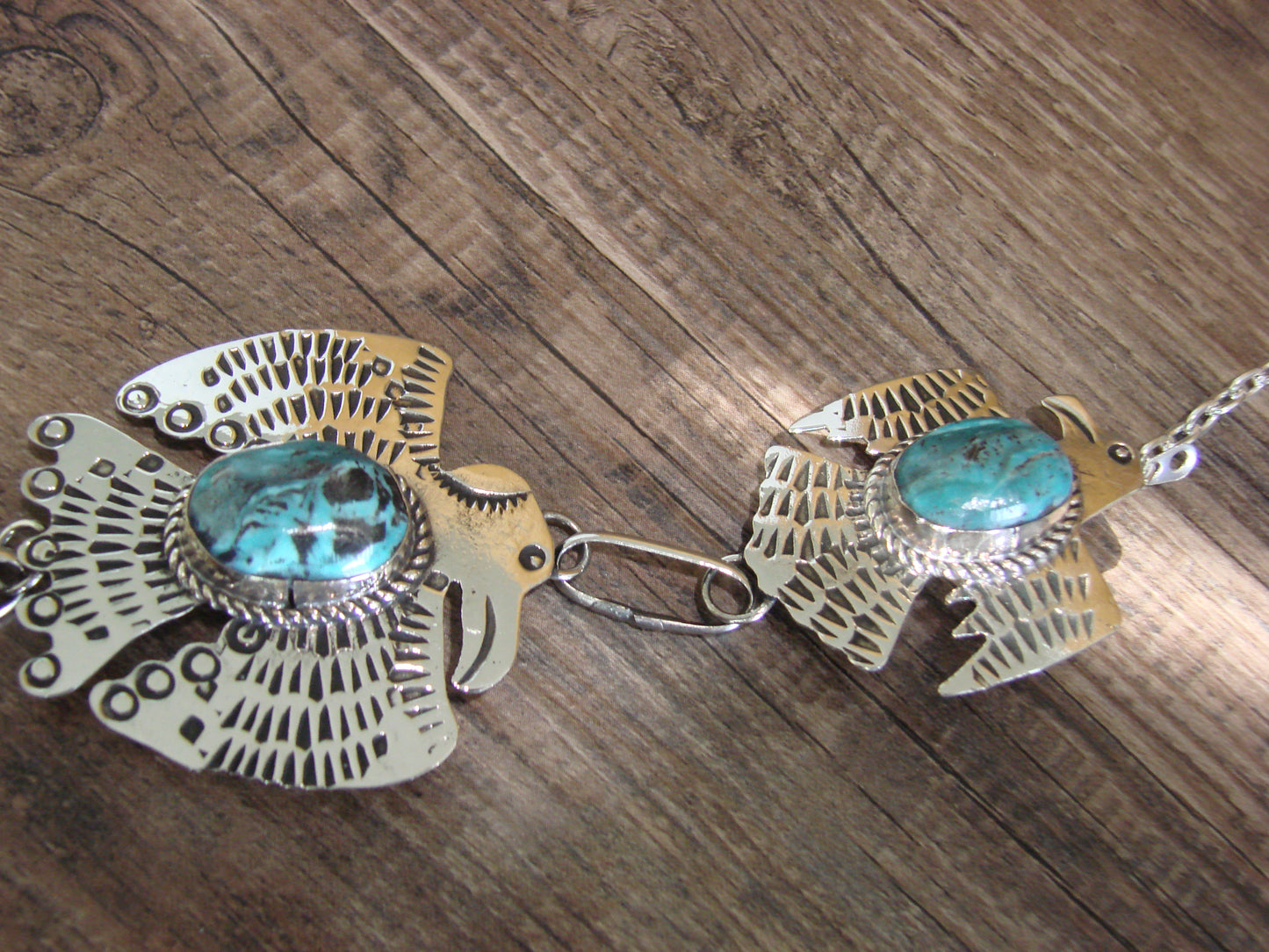 Navajo Indian Nickel Silver & Turquoise Thunderbird Link Necklace by Cleveland