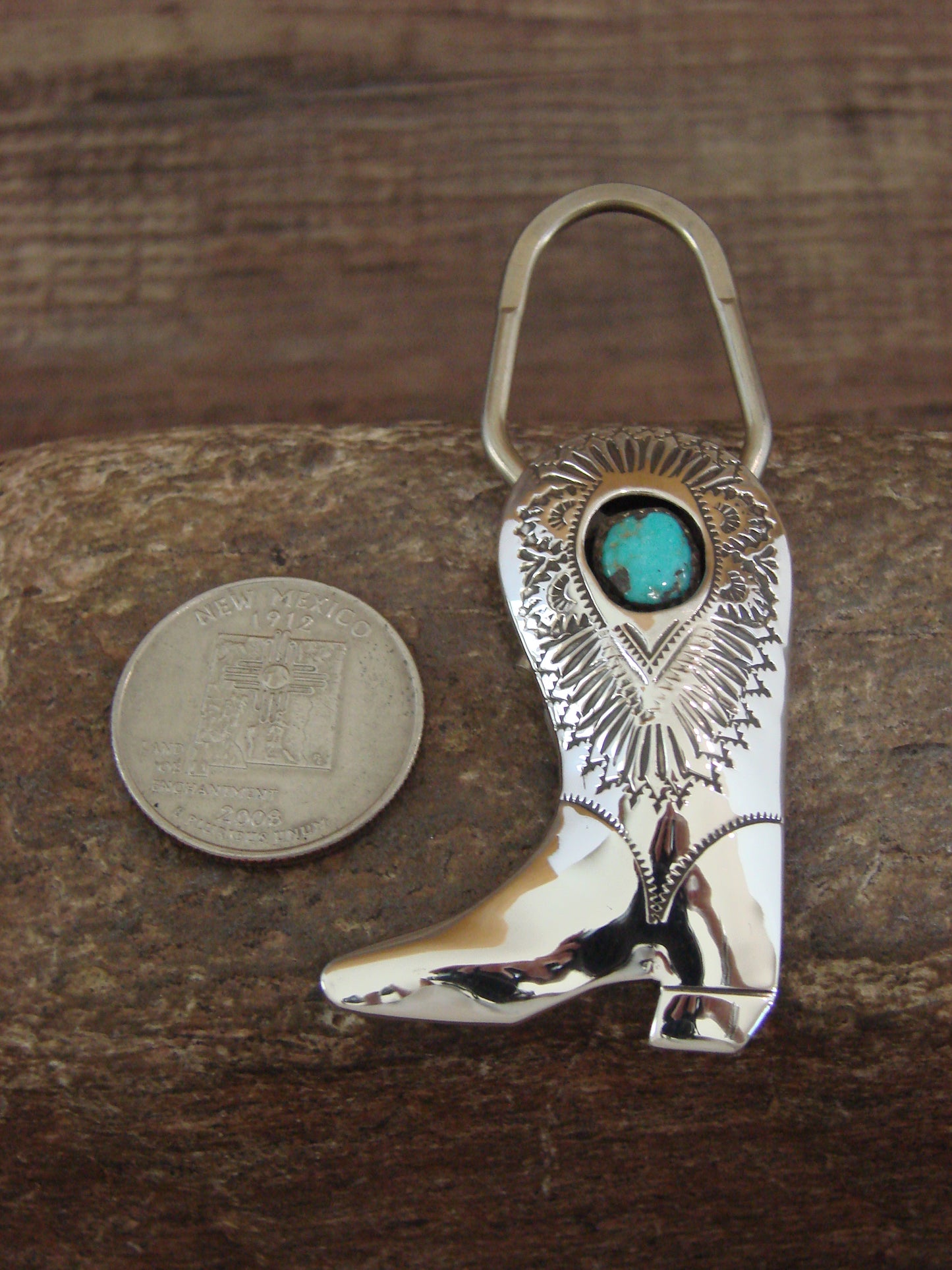 Native American Sterling Silver Turquoise Boot Key Ring by Skeets