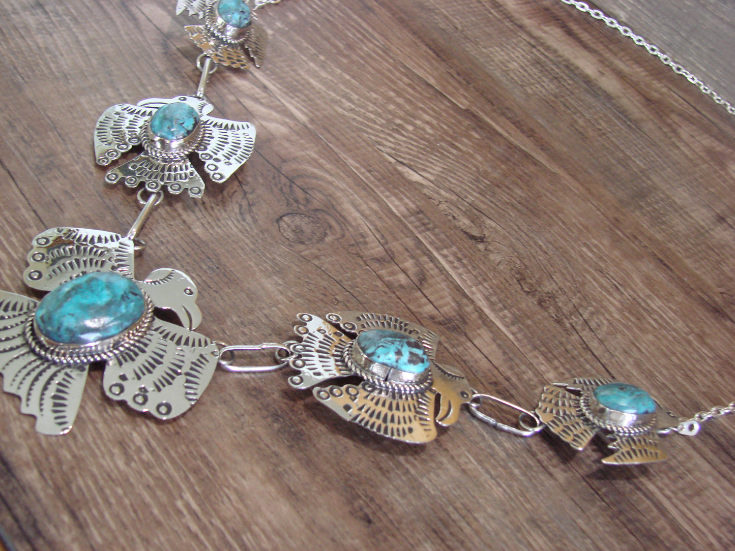 Navajo Indian Nickel Silver & Turquoise Thunderbird Link Necklace by Cleveland