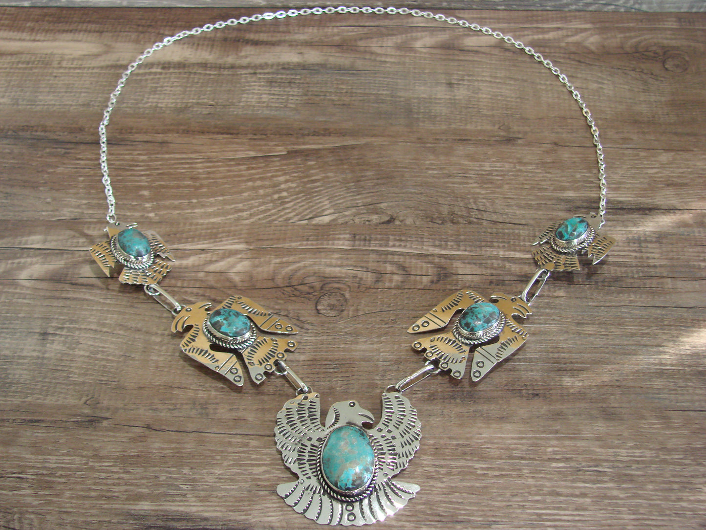 Navajo Indian Nickel Silver & Turquoise Eagle Link Necklace by Cleveland
