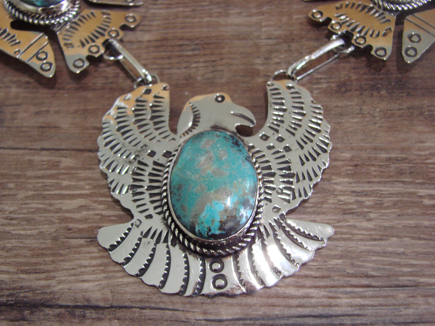Navajo Indian Nickel Silver & Turquoise Eagle Link Necklace by Cleveland