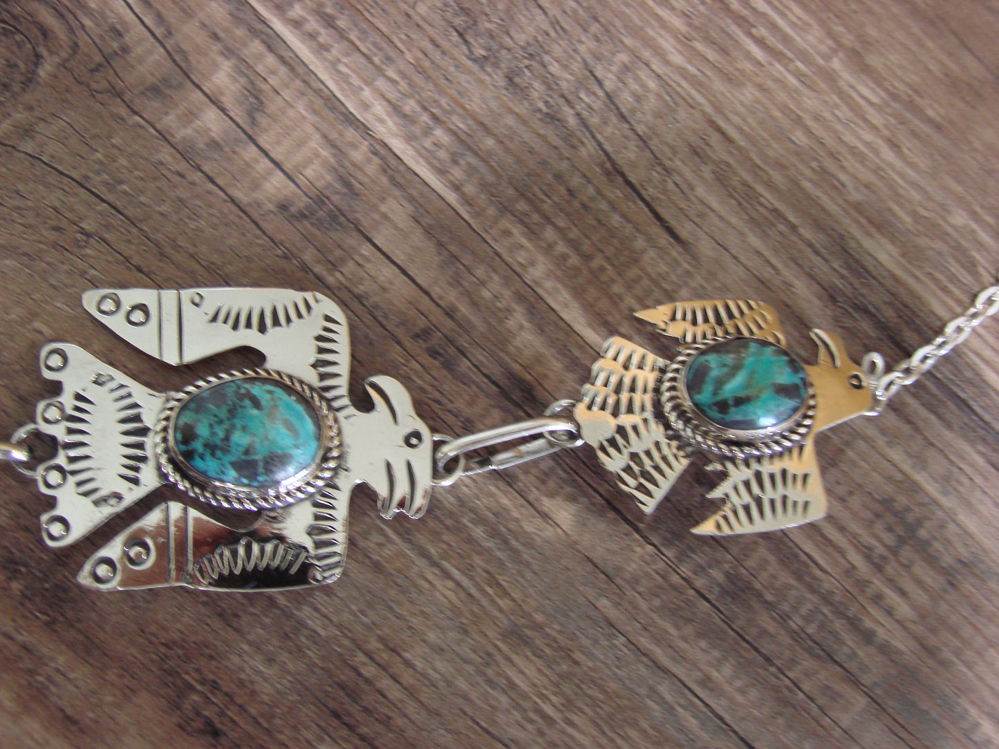 Navajo Indian Nickel Silver & Turquoise Eagle Link Necklace by Cleveland