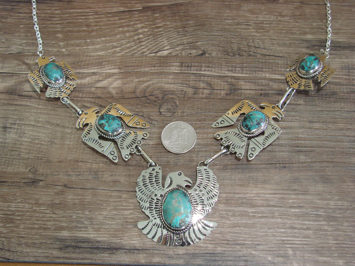 Navajo Indian Nickel Silver & Turquoise Eagle Link Necklace by Cleveland