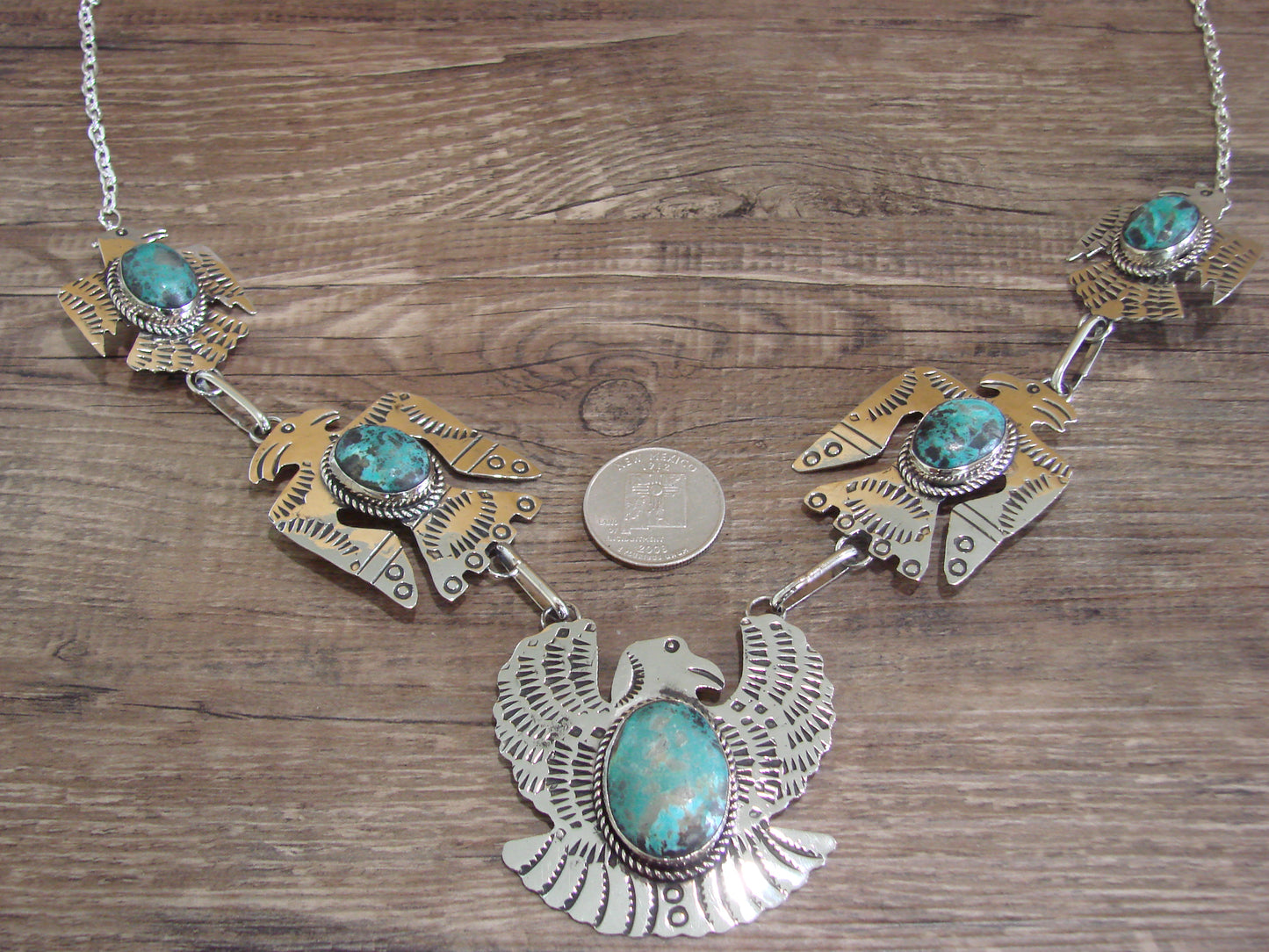 Navajo Indian Nickel Silver & Turquoise Eagle Link Necklace by Cleveland