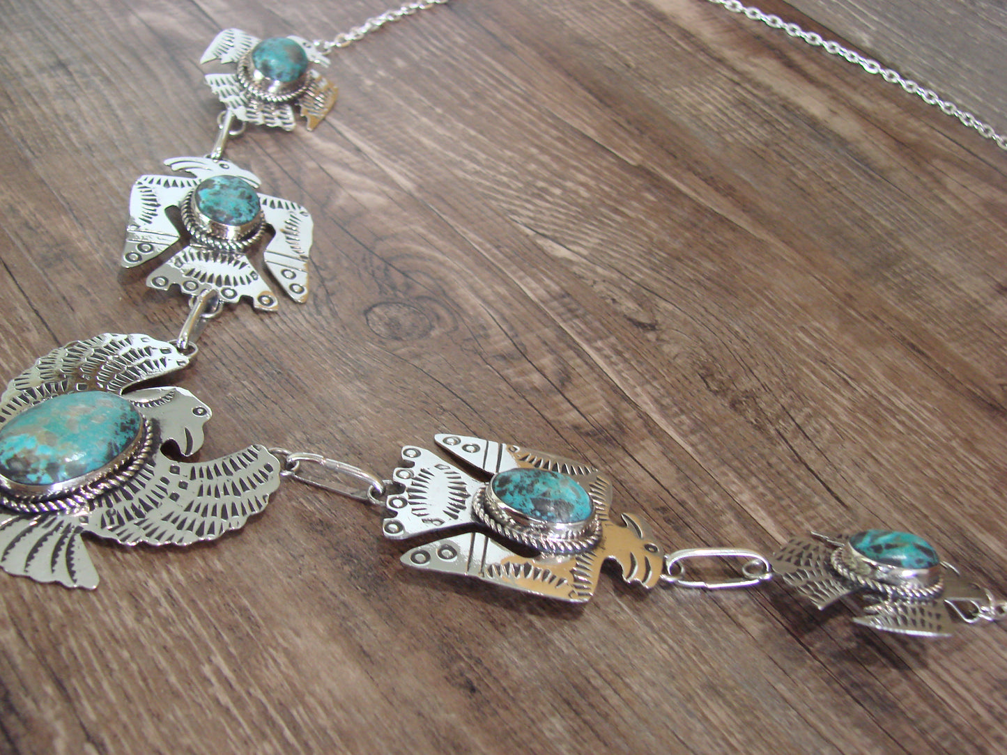 Navajo Indian Nickel Silver & Turquoise Eagle Link Necklace by Cleveland