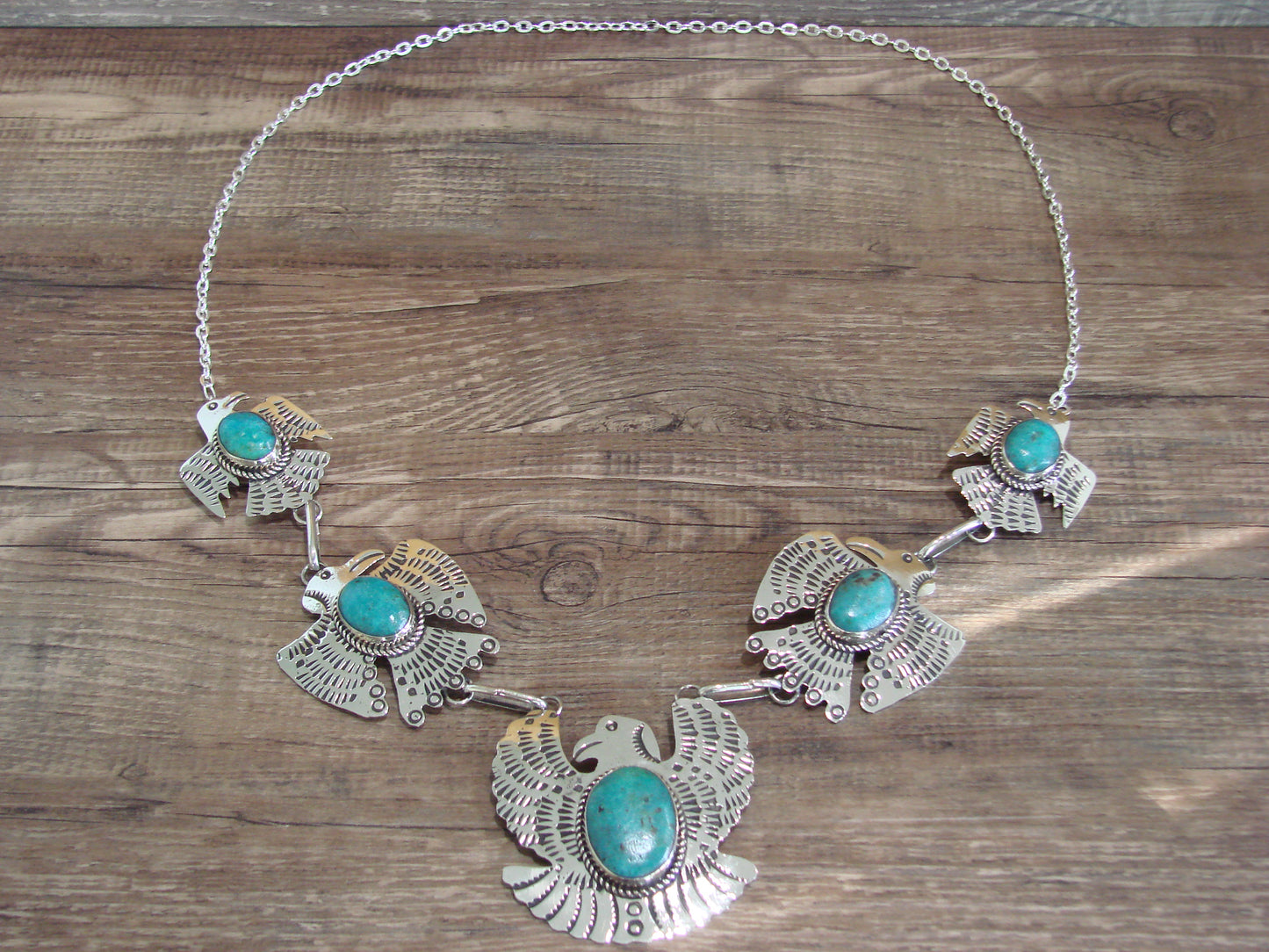 Navajo Indian Nickel Silver & Turquoise Eagle Link Necklace by Cleveland