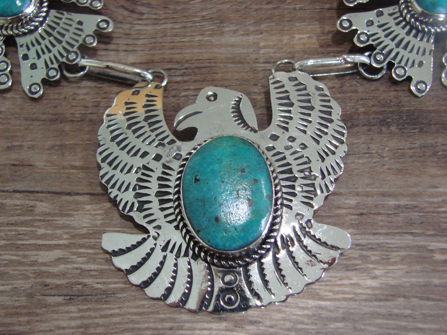 Navajo Indian Nickel Silver & Turquoise Eagle Link Necklace by Cleveland