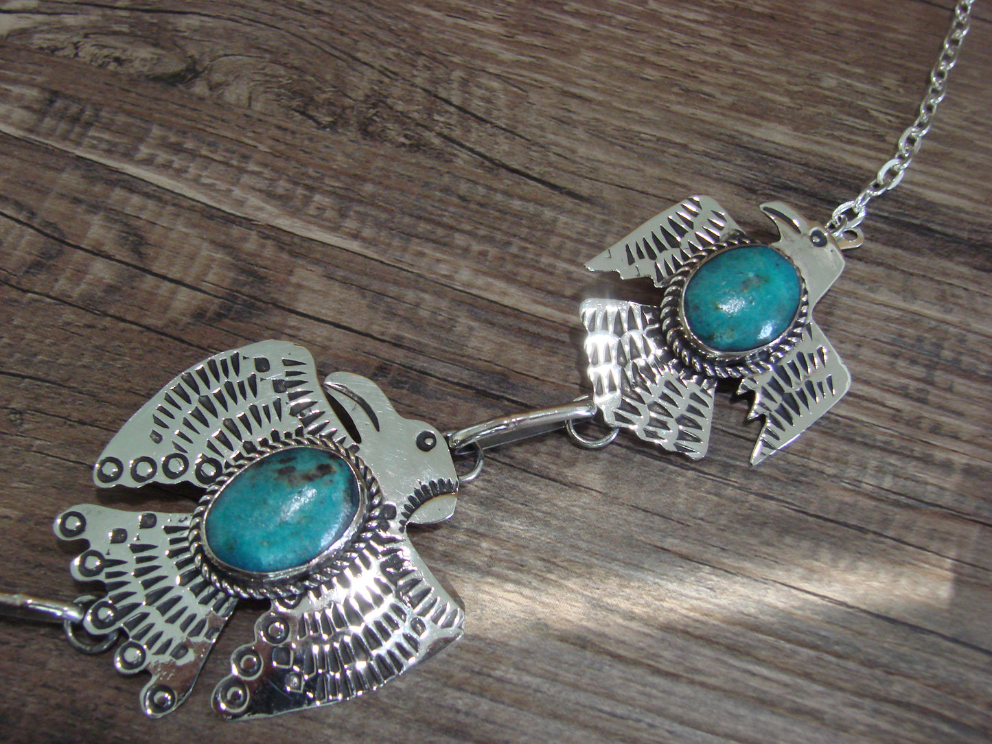 Navajo Indian Nickel Silver & Turquoise Eagle Link Necklace by Cleveland