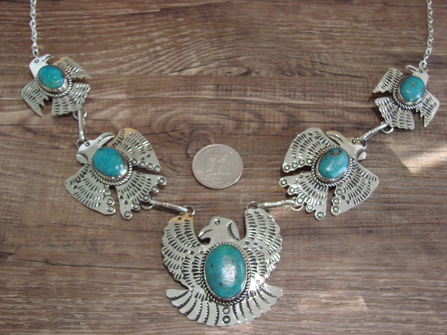 Navajo Indian Nickel Silver & Turquoise Eagle Link Necklace by Cleveland