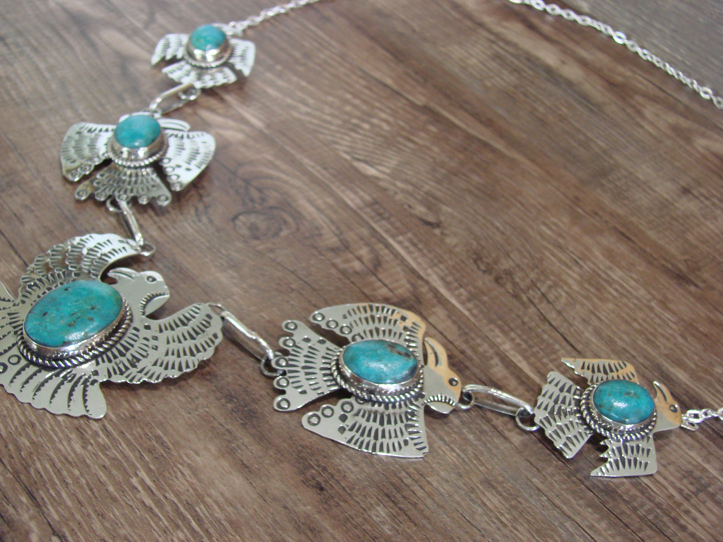 Navajo Indian Nickel Silver & Turquoise Eagle Link Necklace by Cleveland