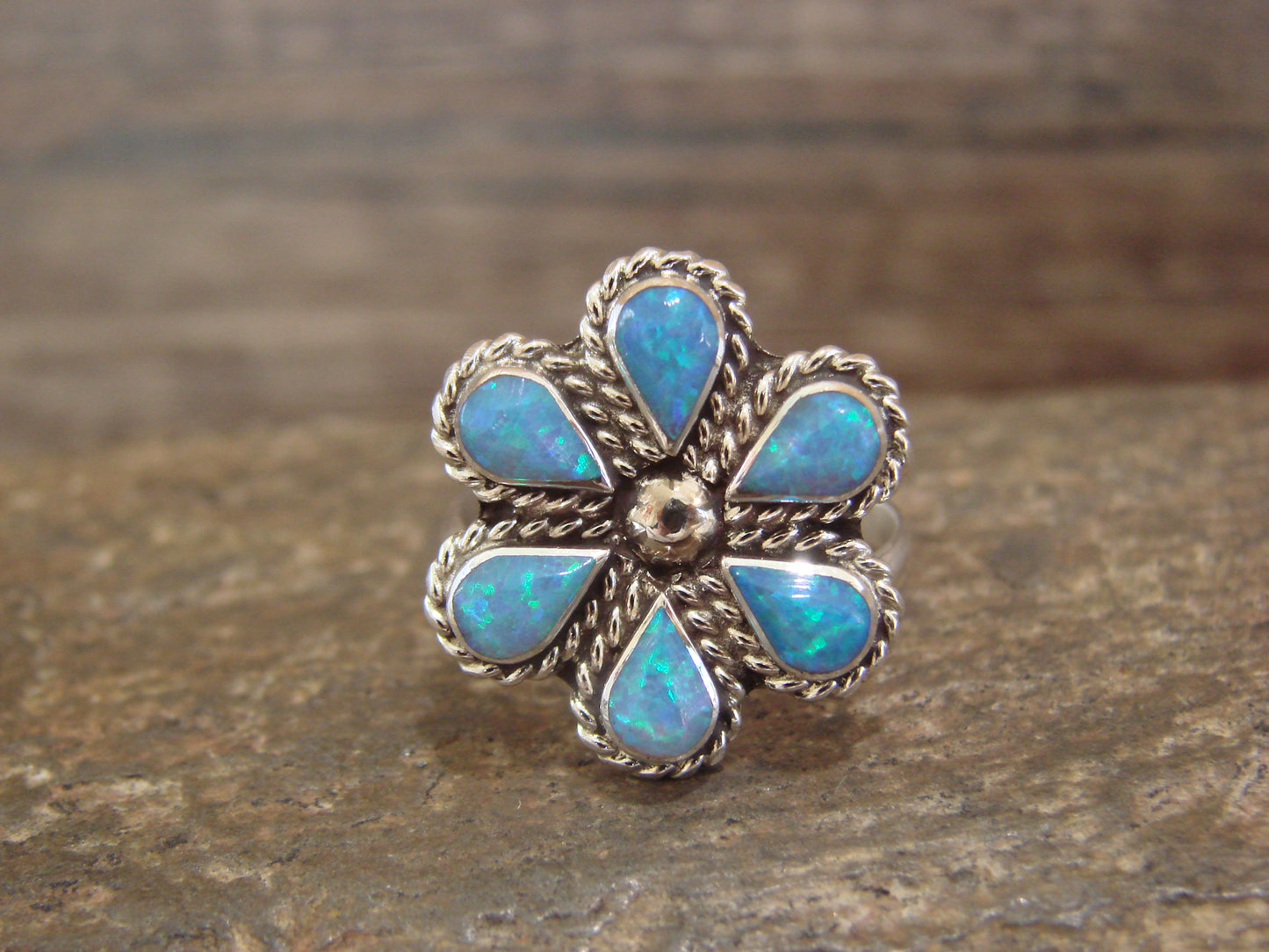 Native American Sterling Silver Blue Opal Inlay Cluster Ring - Dosedo - Size 6.5