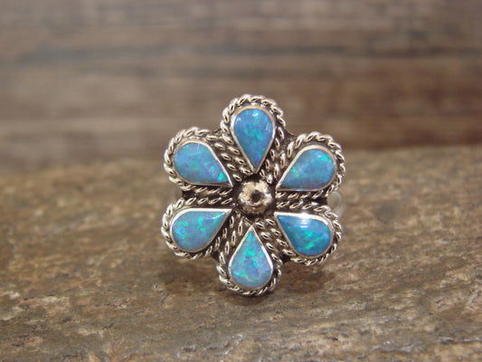 Native American Sterling Silver Blue Opal Inlay Cluster Ring - Dosedo - Size 6.5