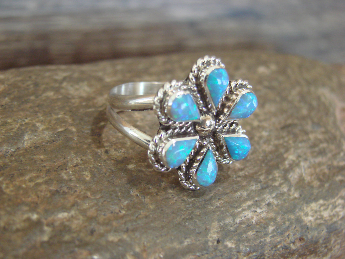 Native American Sterling Silver Blue Opal Inlay Cluster Ring - Dosedo - Size 6.5