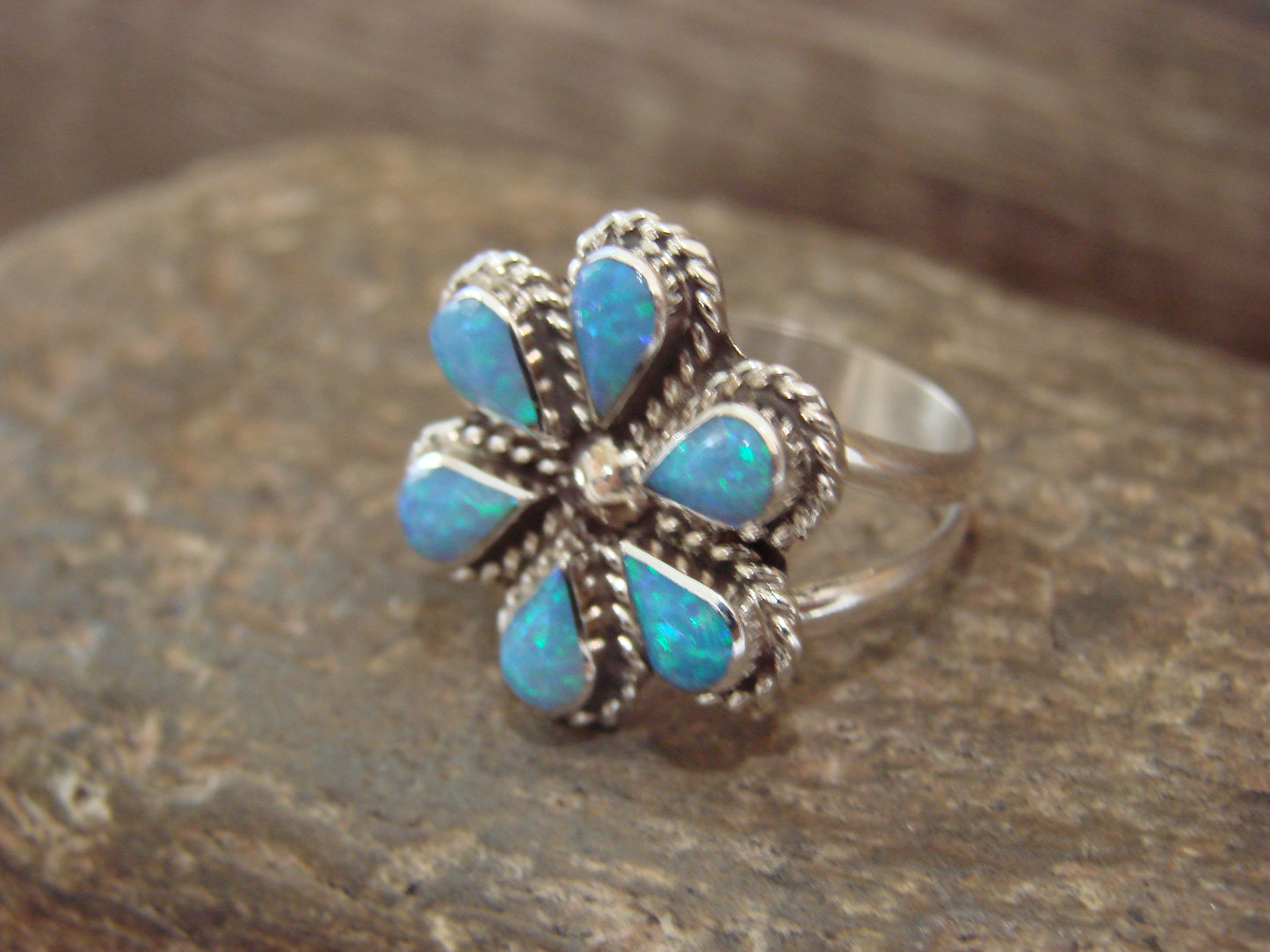 Native American Sterling Silver Blue Opal Inlay Cluster Ring - Dosedo - Size 6.5