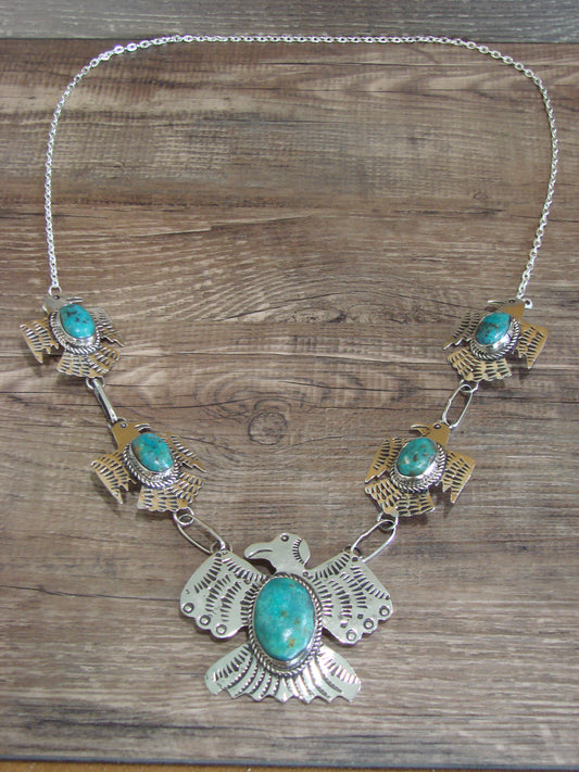 Navajo Indian Nickel Silver & Turquoise Thunderbird Link Necklace by Cleveland