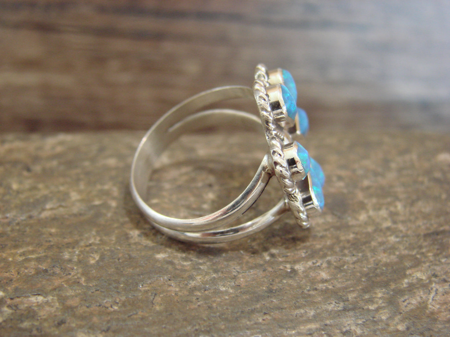 Native American Sterling Silver Blue Opal Inlay Cluster Ring - Dosedo - Size 6.5