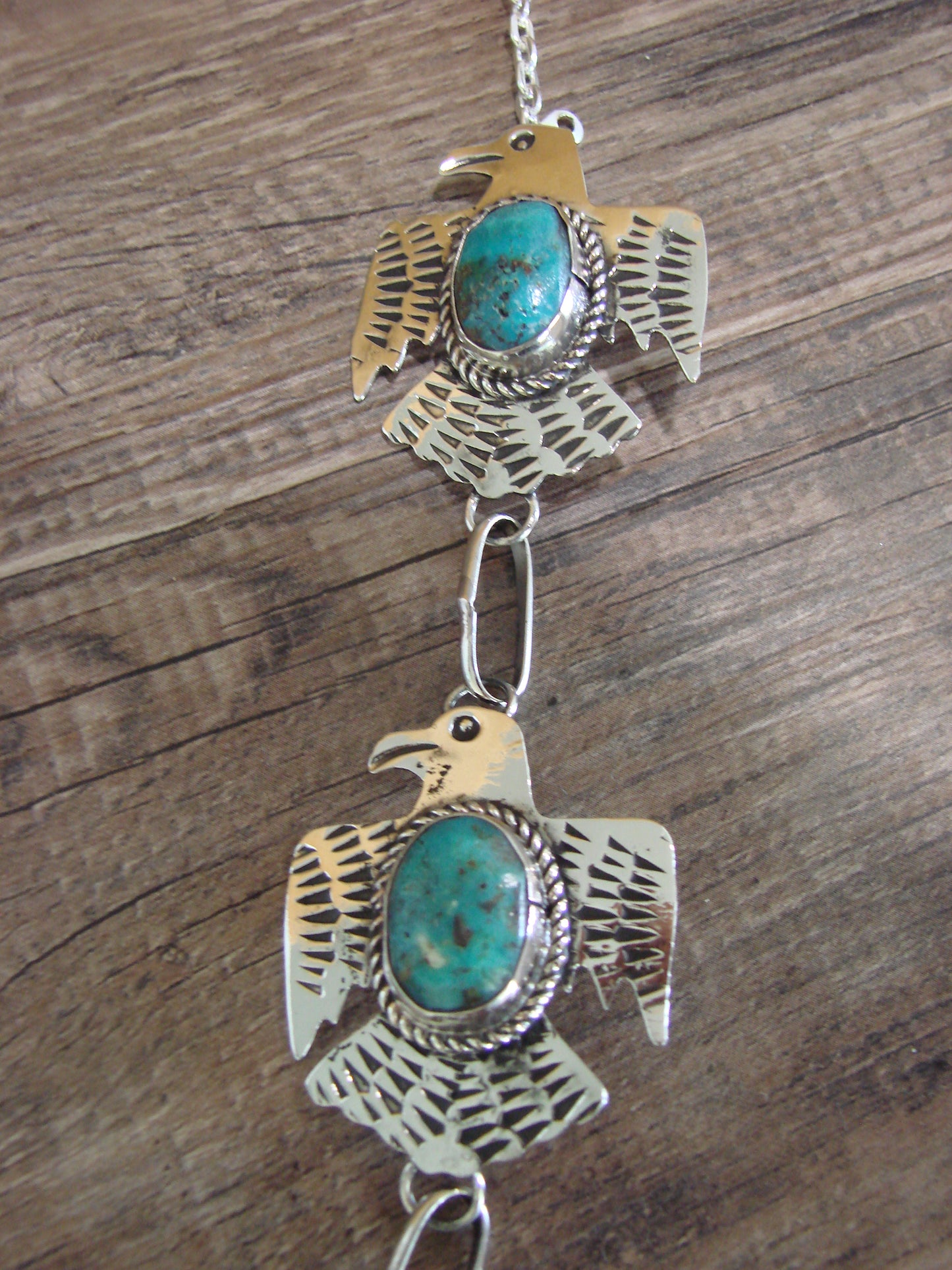 Navajo Indian Nickel Silver & Turquoise Thunderbird Link Necklace by Cleveland