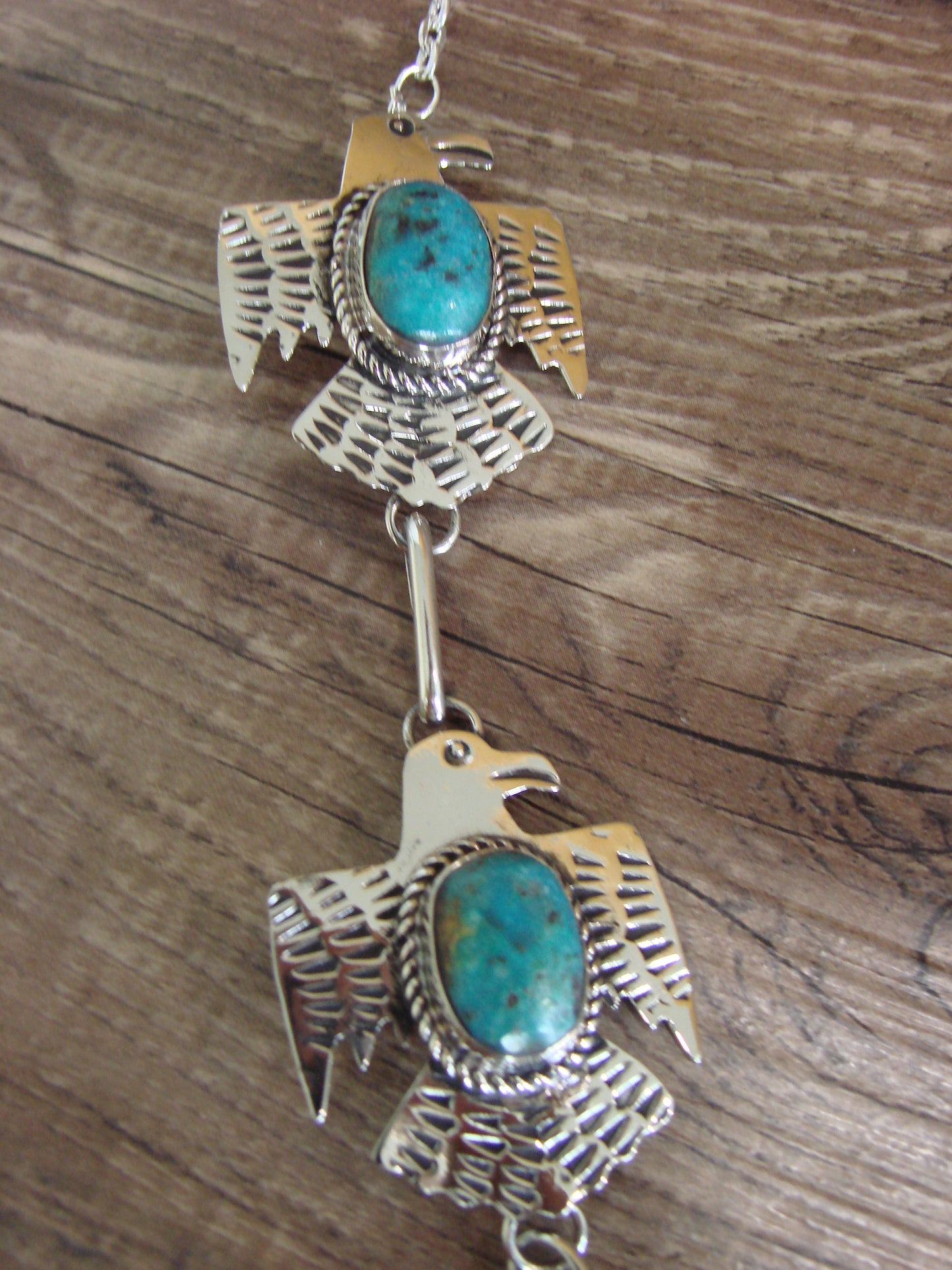 Navajo Indian Nickel Silver & Turquoise Thunderbird Link Necklace by Cleveland